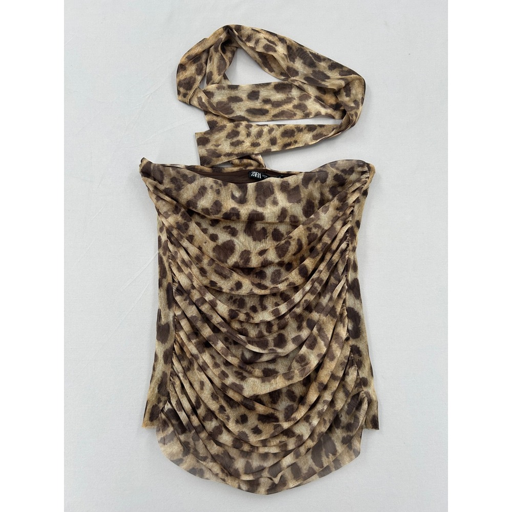 Zara Leopard Print Mesh Ruched Halter Top Brown Tan Animal Print Sz M